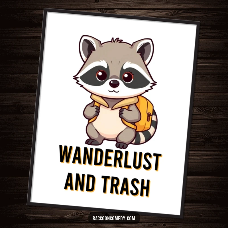 Funny kawaii raccoon digital art print, equipped with a backpack, radiating excitement for a grand adventure.