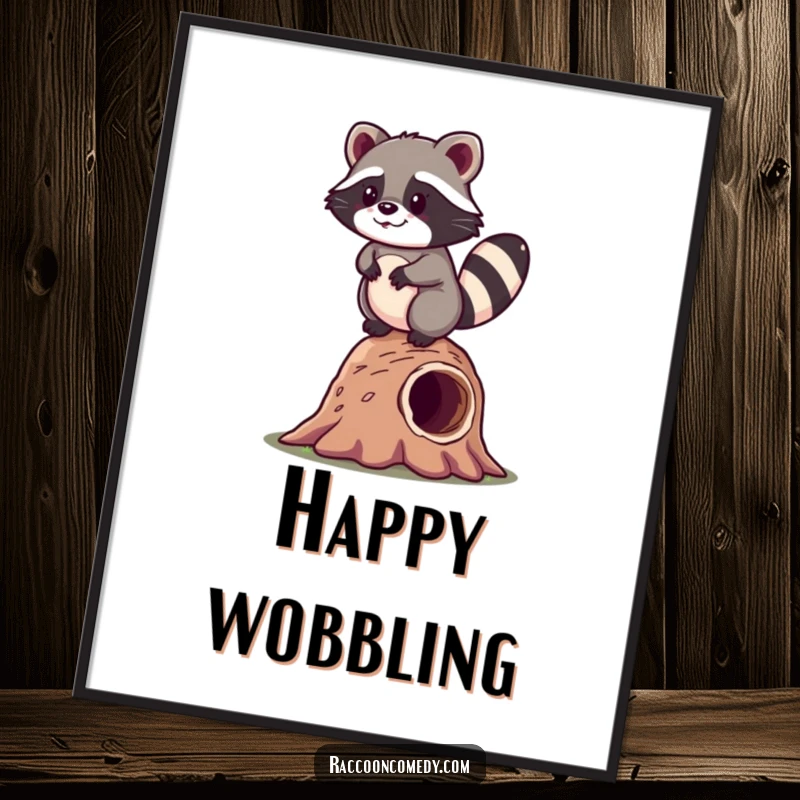 Funny kawaii raccoon happily balancing on a hollow log, printable digital art for humorous and cute decor.