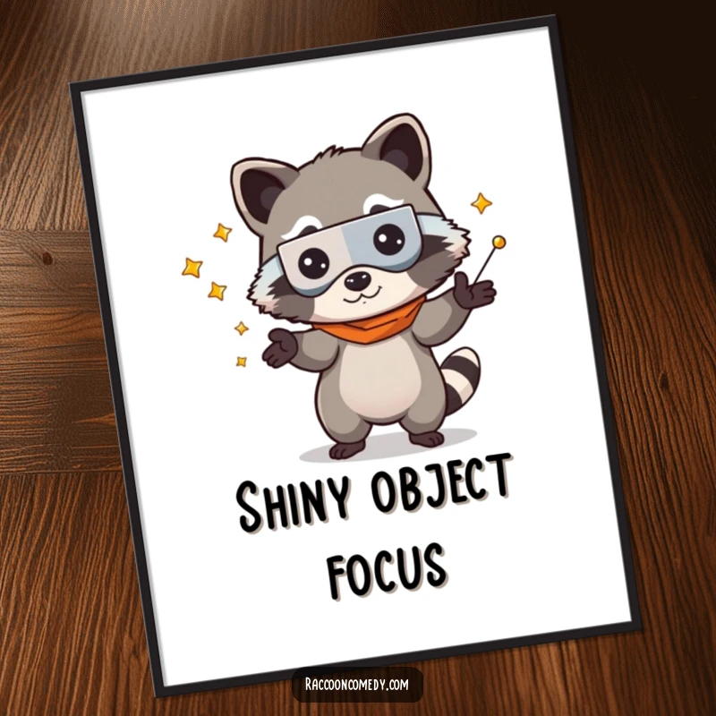 Funny kawaii raccoon in a bandit mask, playfully juggling shiny objects, printable digital art for humorous decor.