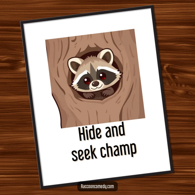 Funny Kawaii Raccoon Digital Art Print: High-resolution image of a cute raccoon peeking from a tree hollow.