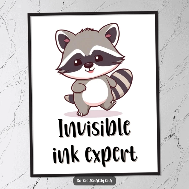 Funny kawaii raccoon digital art print, depicting extreme stealth with a silent, happy grin, ready to be displayed.