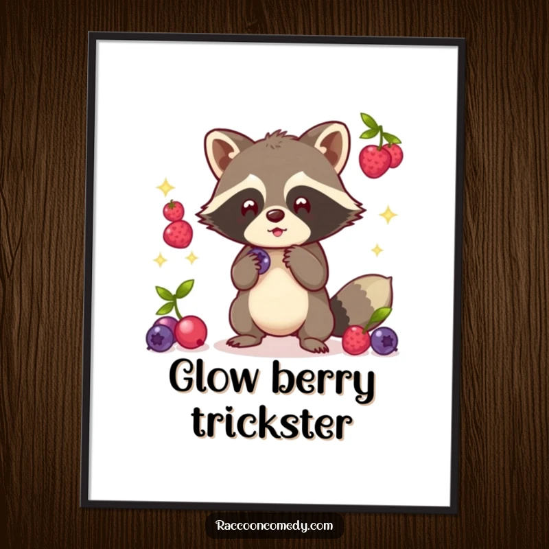 Funny Kawaii Raccoon Digital Art Print: High-resolution image of a cute raccoon juggling glowing berries.