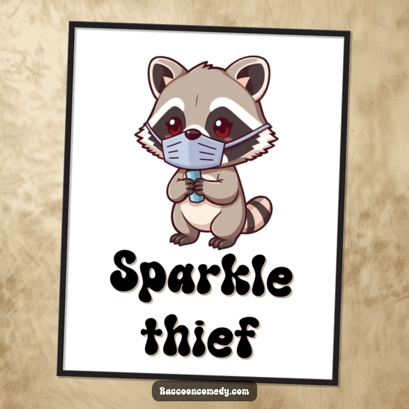 Funny Kawaii Raccoon Digital Art Print: High-resolution image of a cute masked raccoon holding a shiny object.