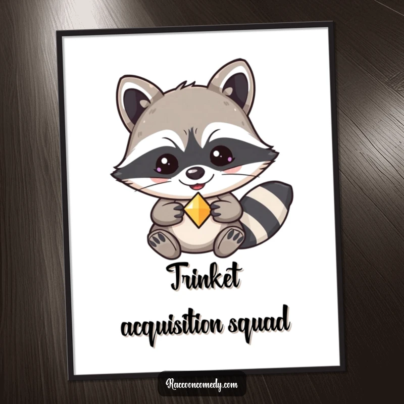 Funny kawaii raccoon digital art print, wearing a mischievous grin, proudly holding a dazzling shiny trinket.