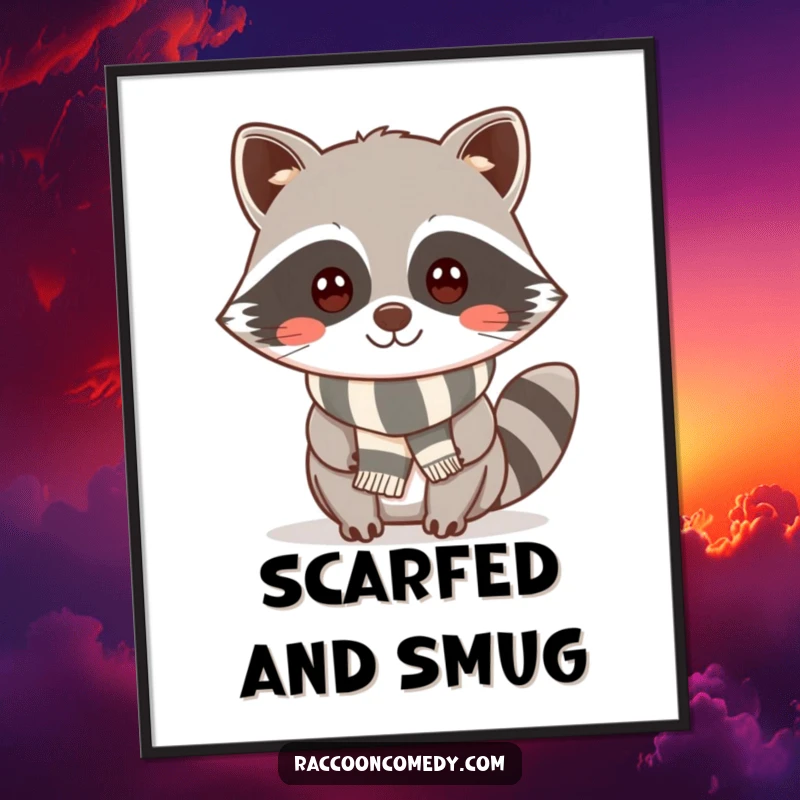 Funny kawaii raccoon with a cheeky smile and a small striped scarf, available as a high-resolution digital art print.