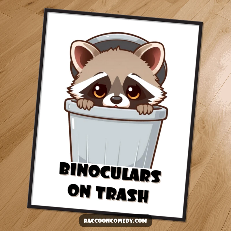 Funny Raccoon Digital Art Print: A kawaii raccoon peeking from a trash can, adding cute charm and humor to any digital display.