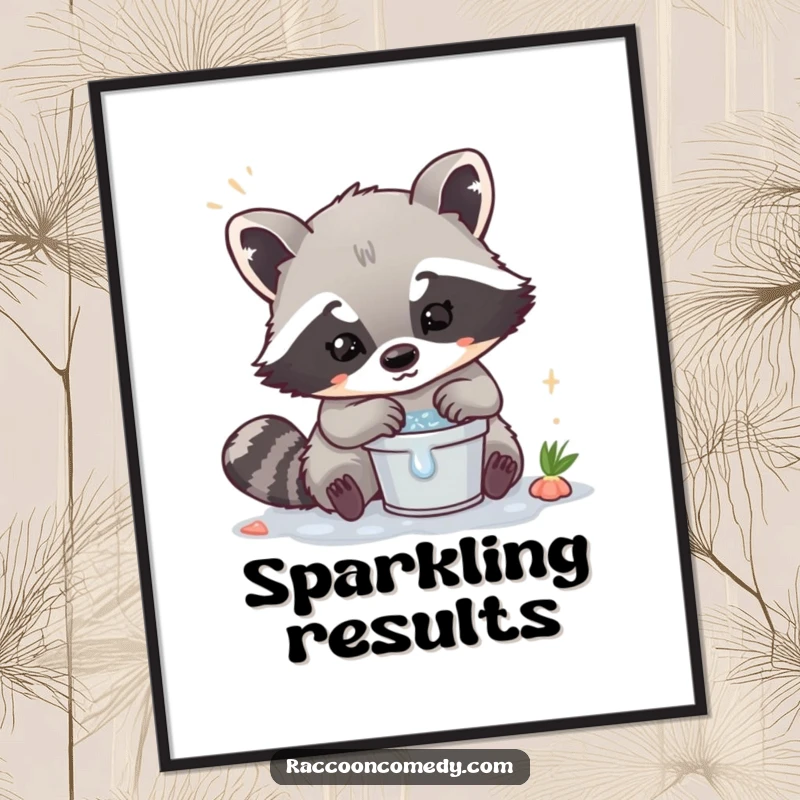 Funny Kawaii Raccoon Digital Art Print: High-resolution image of a cute raccoon washing in a small bucket.