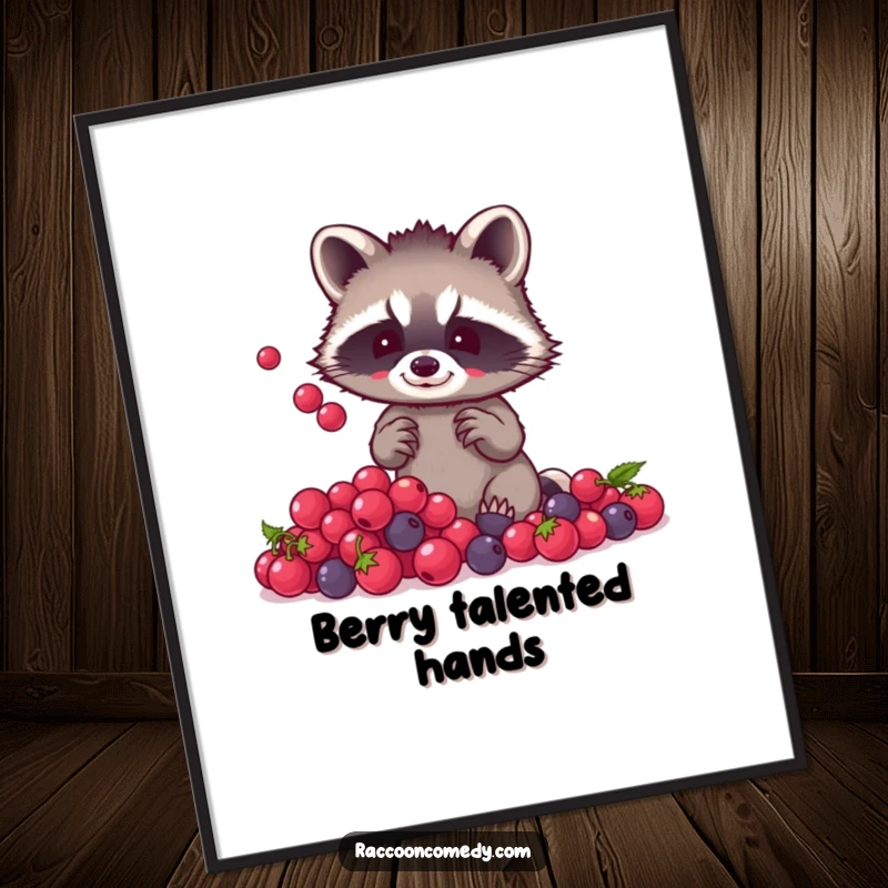 Funny raccoon berry juggling digital art print of a small raccoon with tiny paws juggling shiny berries, for immediate whimsical wall decor.
