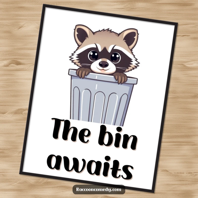Funny digital art print of a curious raccoon with wide eyes peeking from a trash can, perfect for instant humorous decoration.