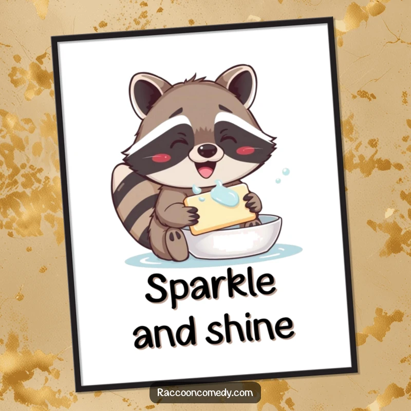 Funny digital art print of a grinning raccoon happily washing a bar of soap, perfect for wall decor.