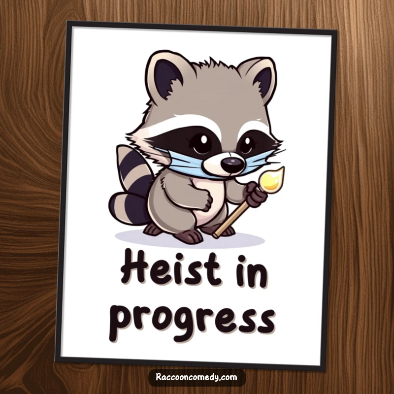 Funny digital art print of a cute, masked raccoon tiptoeing with a shiny object, creating instant humorous wall decor with a mischievous theme.