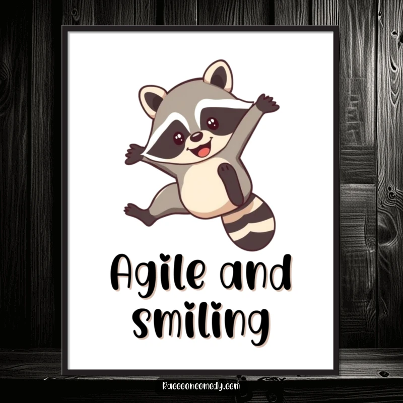Funny, printable digital art of a smiling raccoon performing a nimble acrobatic flip, perfect for energetic decor.