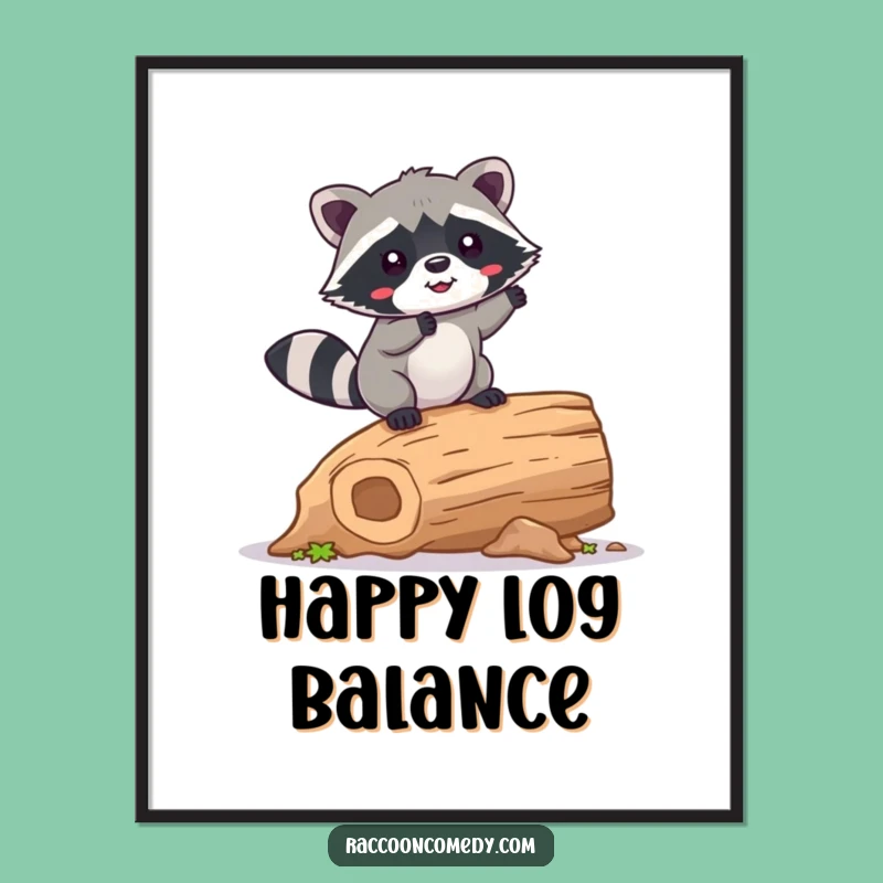 Funny Kawaii Raccoon Balancing Digital Art Print: Adorable & Cute Decor