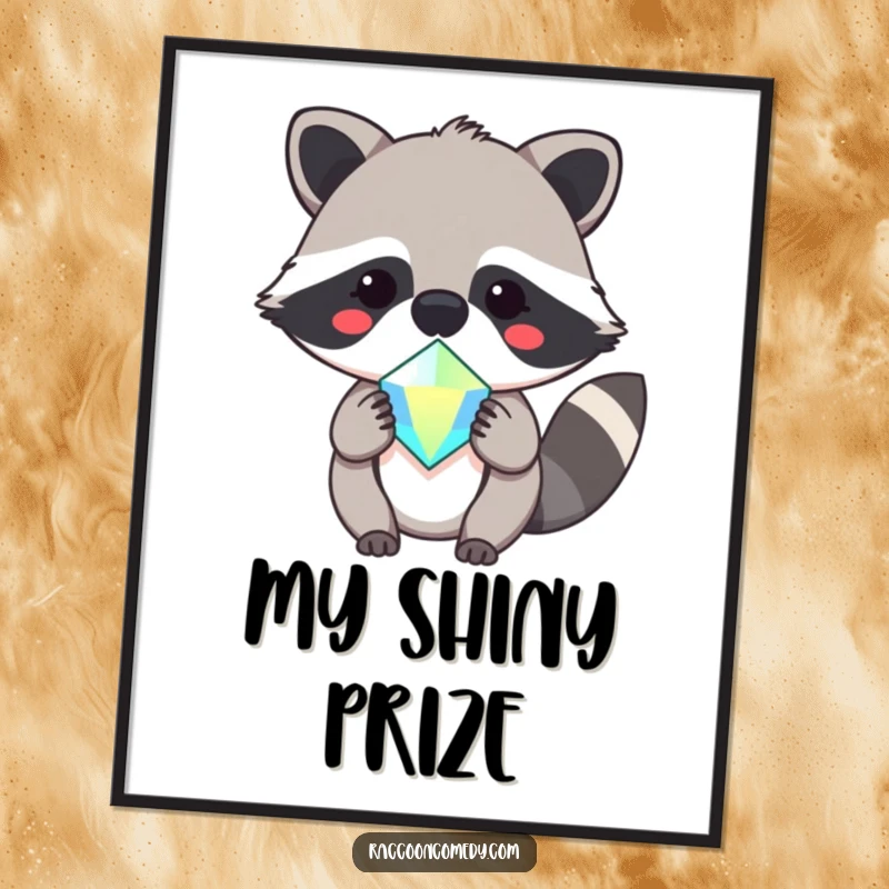 Funny digital art print of a very cute, kawaii raccoon smiling and presenting a beautiful, sparkling gemstone.
