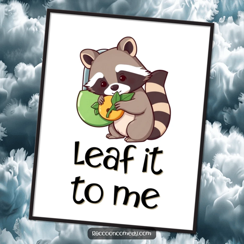 Funny kawaii raccoon attempting to unlock a whimsical lock with a leaf, available as a digital art print for instant joy.