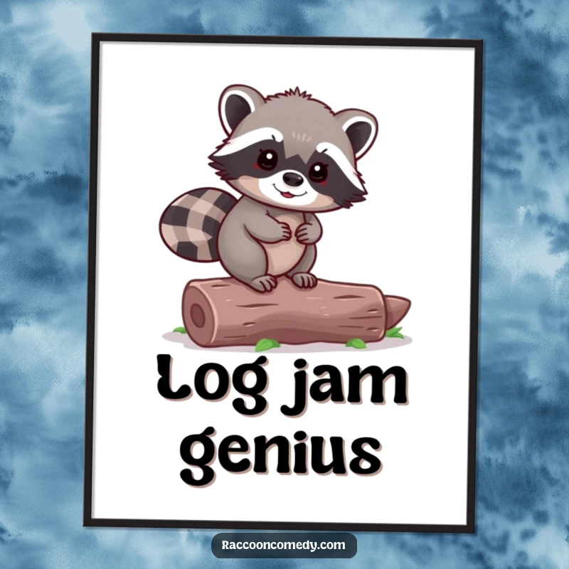 Funny Raccoon Digital Art: A tiny raccoon happily balances on a log, symbolizing joy and skill.