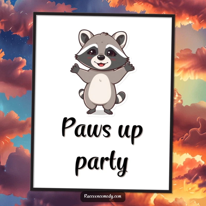 Funny digital art print of a happy raccoon performing a lively dance with its paws joyfully extended upwards.