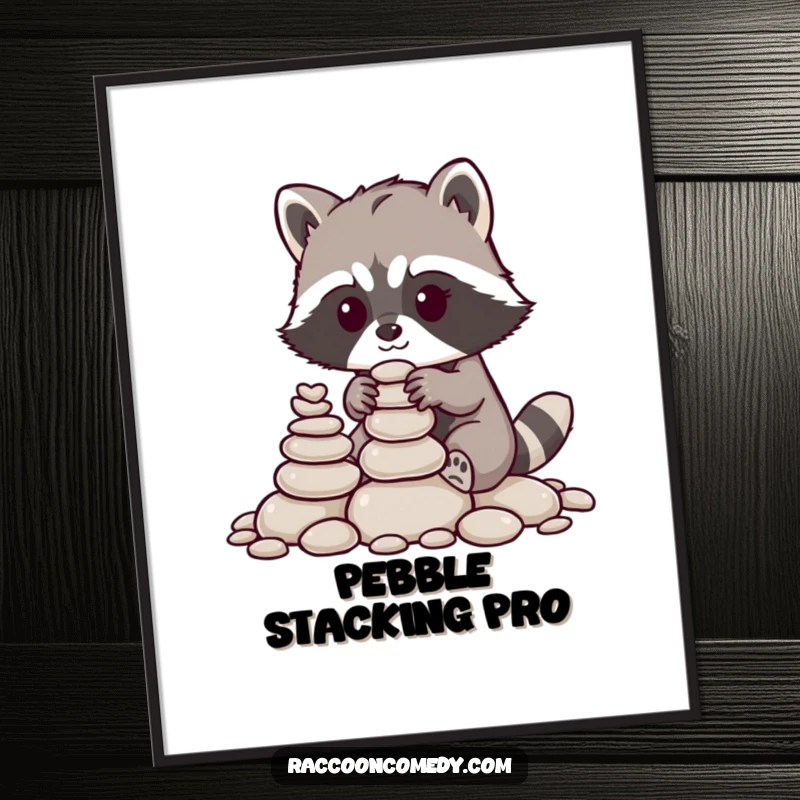 Funny raccoon digital art print, a raccoon with nimble paws stacking pebbles, detailed woodland illustration, instant wall decor.