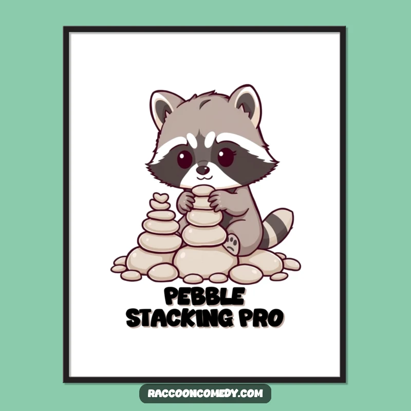 Funny Raccoon Pebble Stacker Digital Art: Instant Woodland Craftsmanship Decor