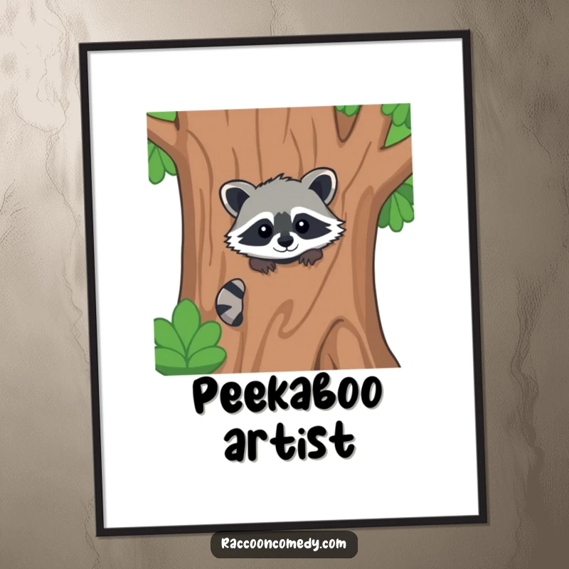 Funny kawaii raccoon digital art print, peeking from behind a stylized tree, capturing a moment of playful curiosity.