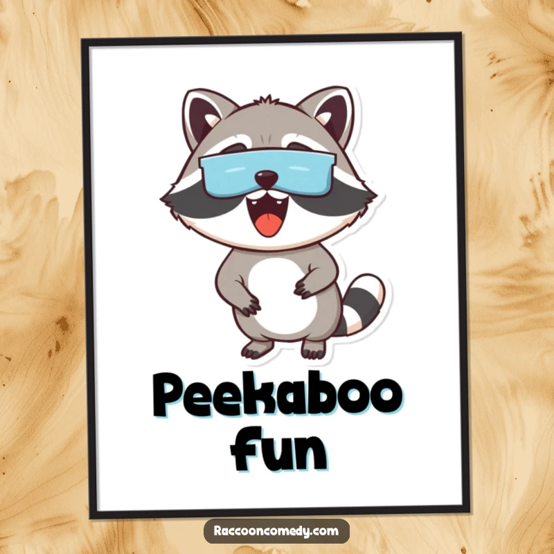 Printable funny digital art of an excited raccoon with a mask peeking out, offering instant humorous decor and a unique gift.