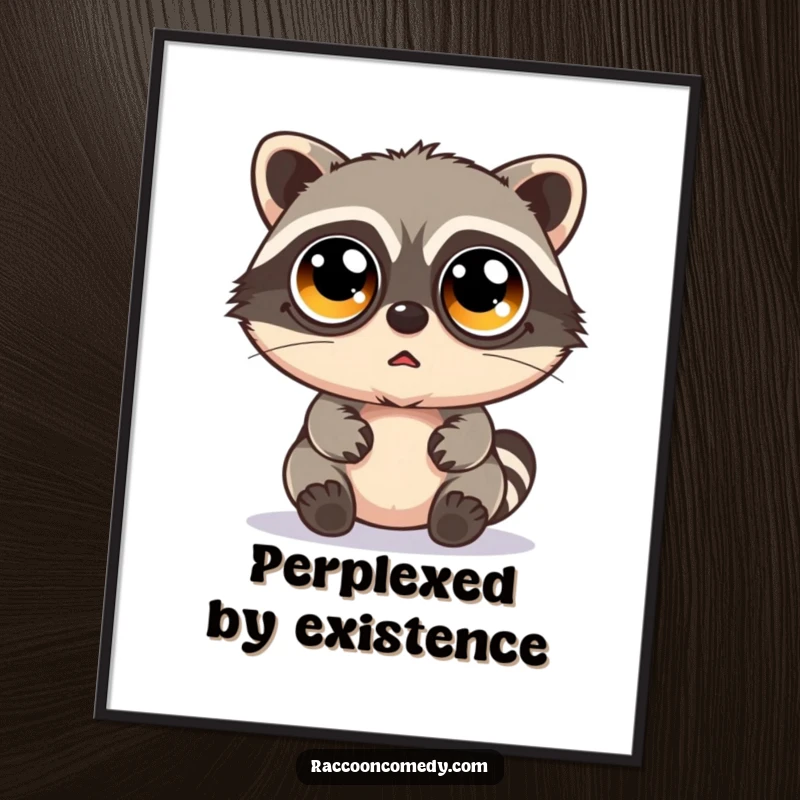 Funny kawaii raccoon with huge googly eyes and a bewildered look, available as a high-resolution digital art print.