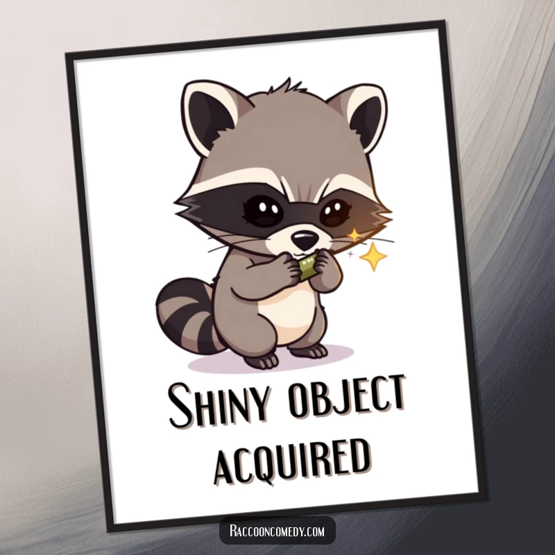 Funny digital art print of a masked raccoon with a mischievous glint, poised to steal a shiny object, perfect for instant humor.