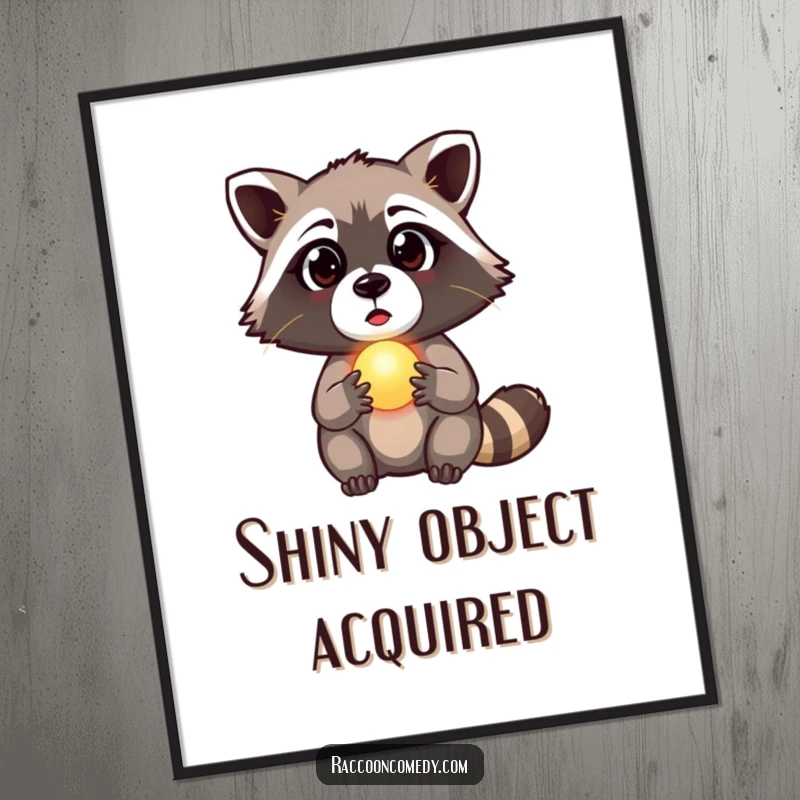 Funny raccoon digital art print showing a surprised creature holding a small, glowing orb, evoking a sense of magical mystery.