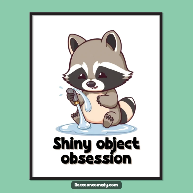 Funny Raccoon Washing Shiny Object Digital Print: Cute Art, Perfect Funny Gift Instant Download