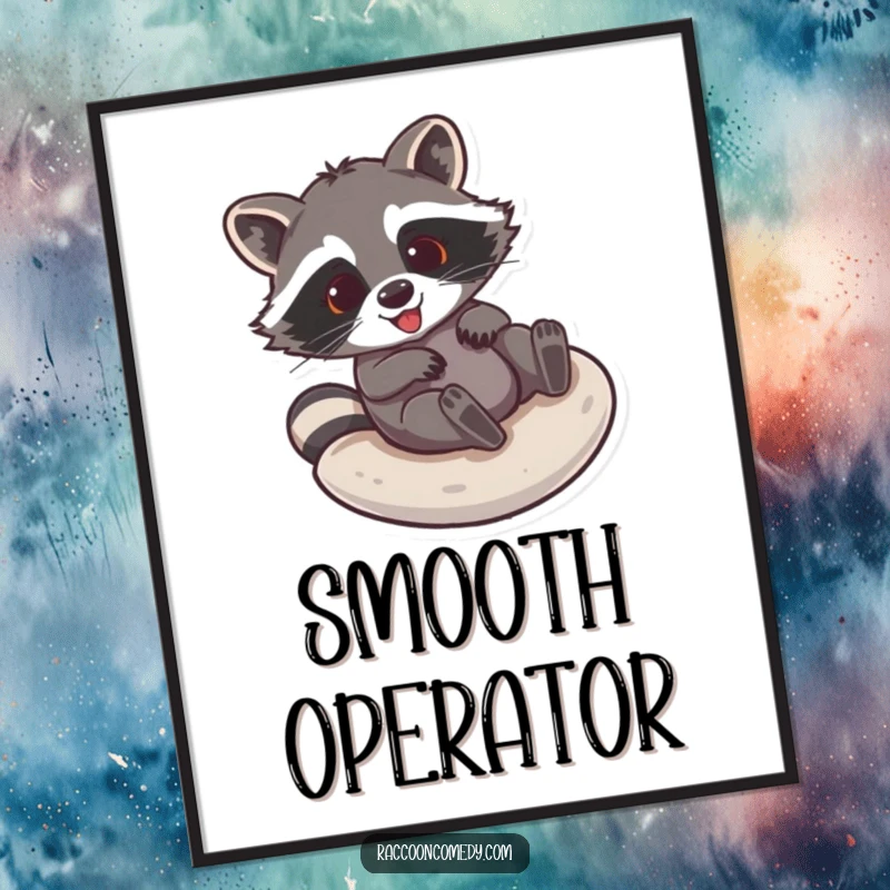 Funny raccoon digital art print capturing a raccoon sliding down a smooth surface with infectious glee and playful energy.