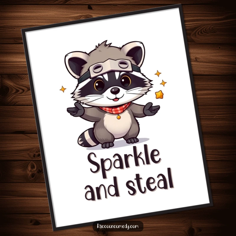 Funny Raccoon Digital Art Print: A kawaii raccoon bandit juggling shiny objects, adding playful charm and humor to any digital display.