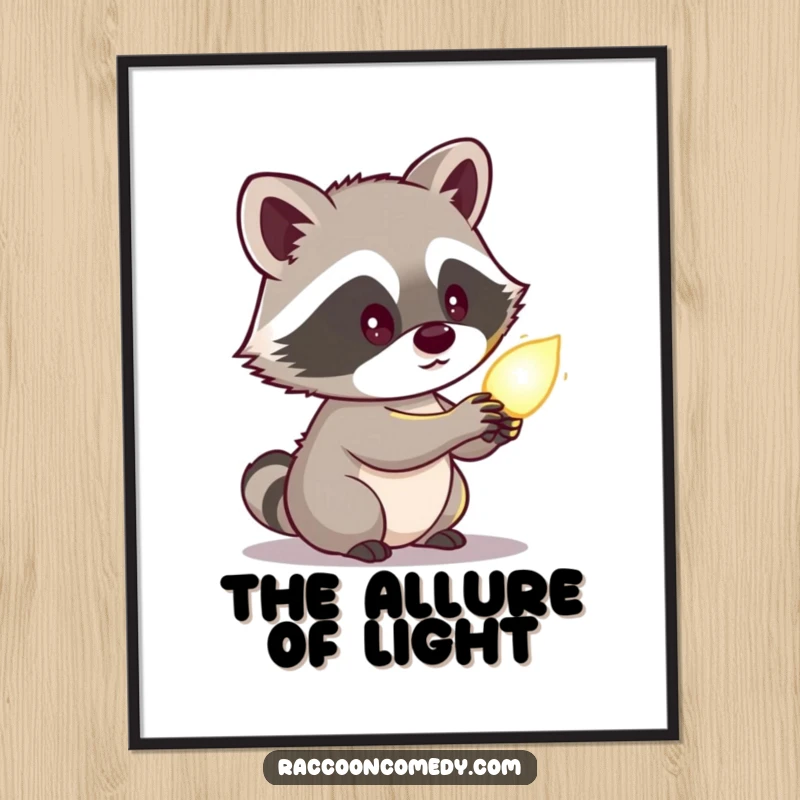 Funny raccoon digital art print featuring a cute character looking curiously at a glowing object, offering instant mystery and whimsical decor.