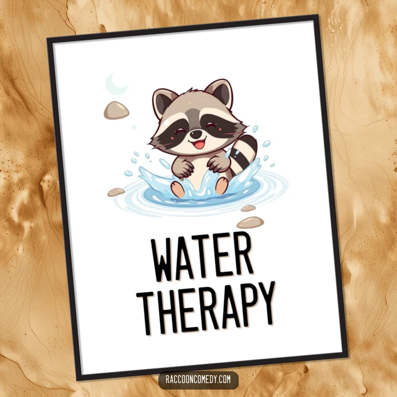Funny kawaii raccoon joyfully splashing in a stream with delight, available as a digital art print download.