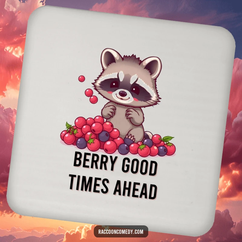 Funny raccoon berry juggling drink coaster featuring a small raccoon with tiny paws juggling shiny berries, adding whimsical humor to surface protection.