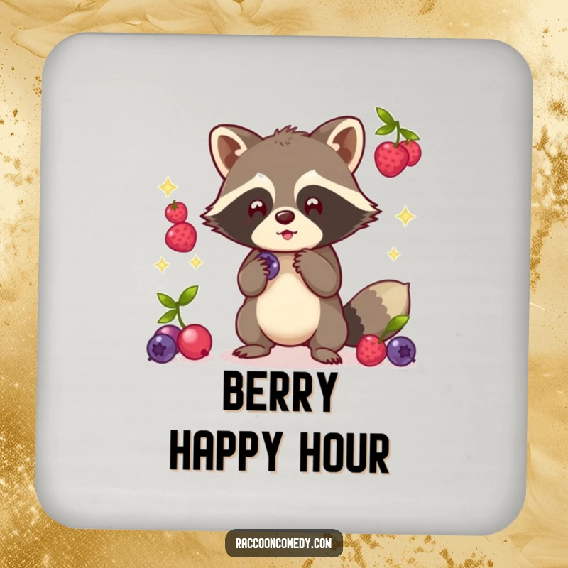 Funny Kawaii Raccoon Coaster: A cute raccoon juggling glowing berries, protecting surfaces.
