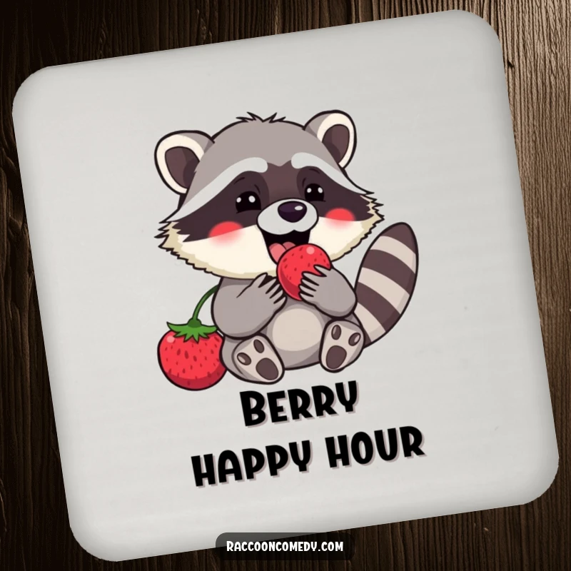 Funny raccoon drink coasters showcasing a happy character enjoying a berry, protecting surfaces with adorable, humorous protection.