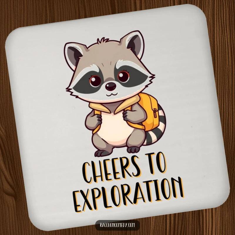 Funny kawaii raccoon drink coaster, wearing a small backpack, ready to protect surfaces during any adventure.