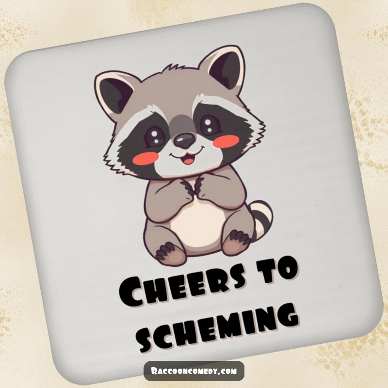 Funny raccoon coaster set with a cute raccoon clutching its paws, looking utterly delighted and happy.