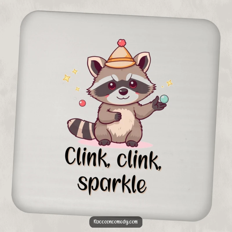 Funny cute raccoon coasters, small hat, juggling shiny items, whimsical drink accessory, humorous housewarming gift.
