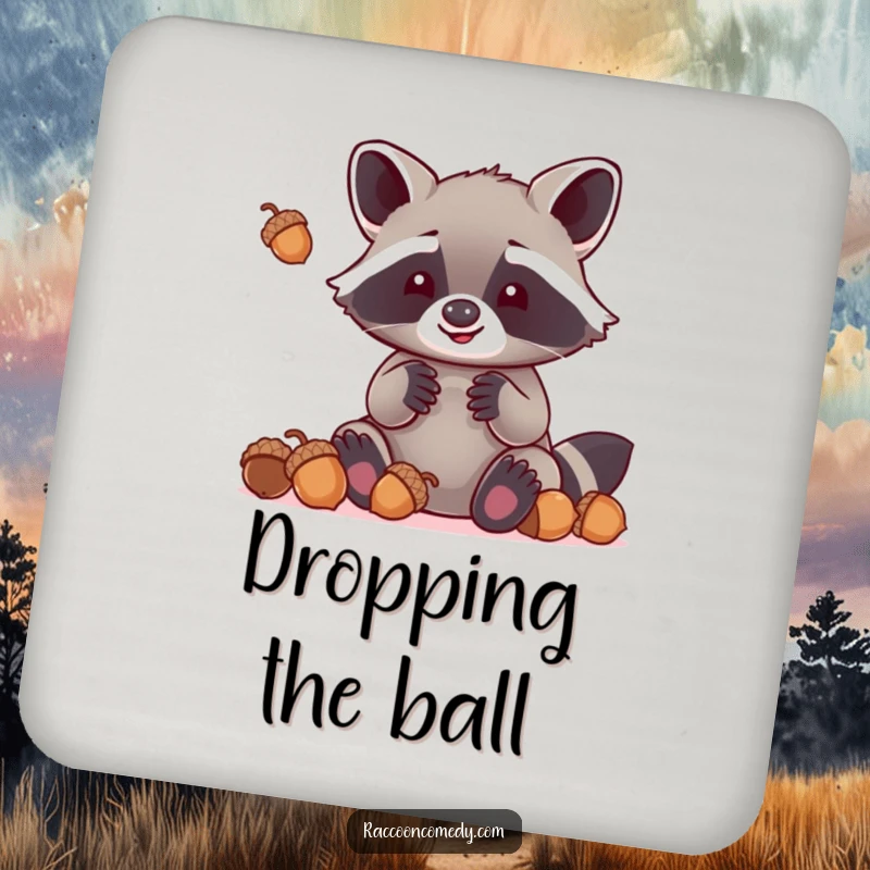 Funny kawaii raccoon with oversized paws attempting to juggle acorns, showcased on a drink coaster to add humor to any surface.