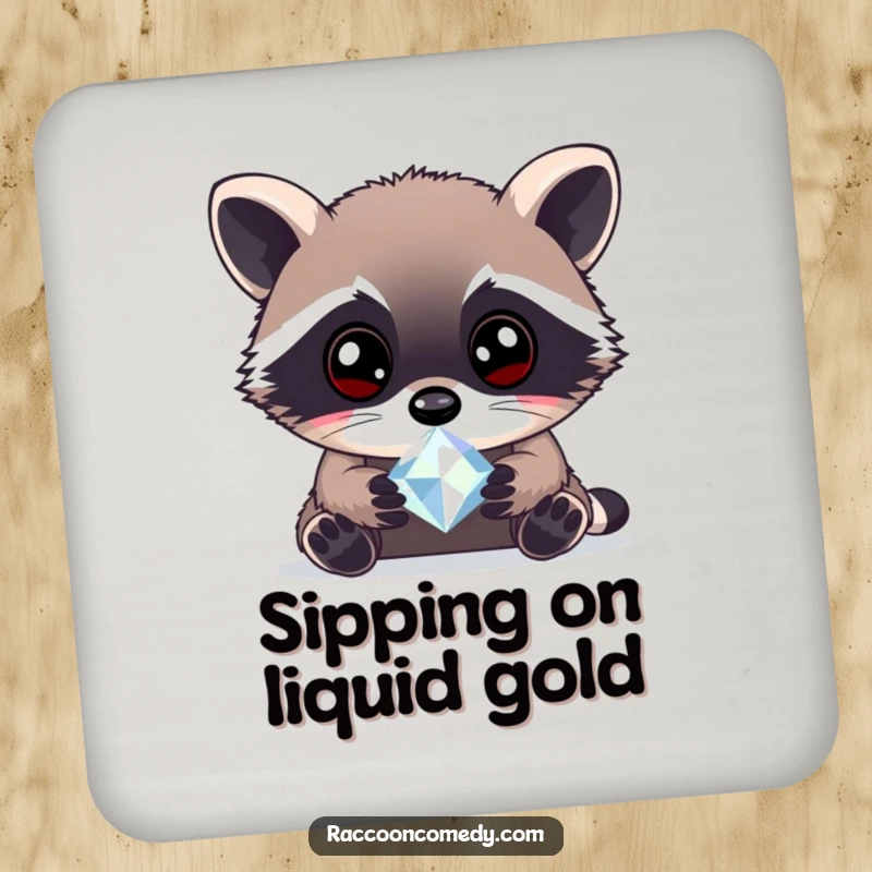 Funny curious raccoon gem drink coaster featuring a raccoon examining a sparkling gem, adding whimsical humor to surface protection.