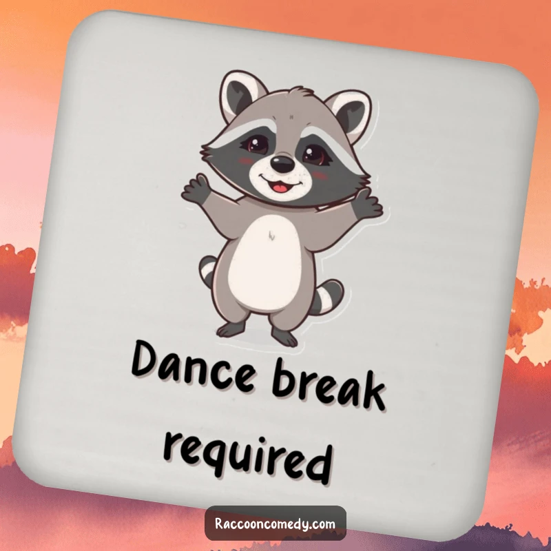 Funny drink coaster with a happy raccoon dancing with paws up, adding a touch of humorous celebration.
