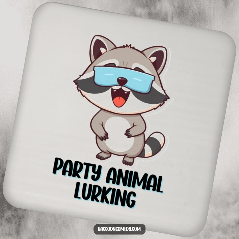 Funny drink coasters with an excited raccoon wearing a mask, peeking out, offering protection with humorous and playful vibes.