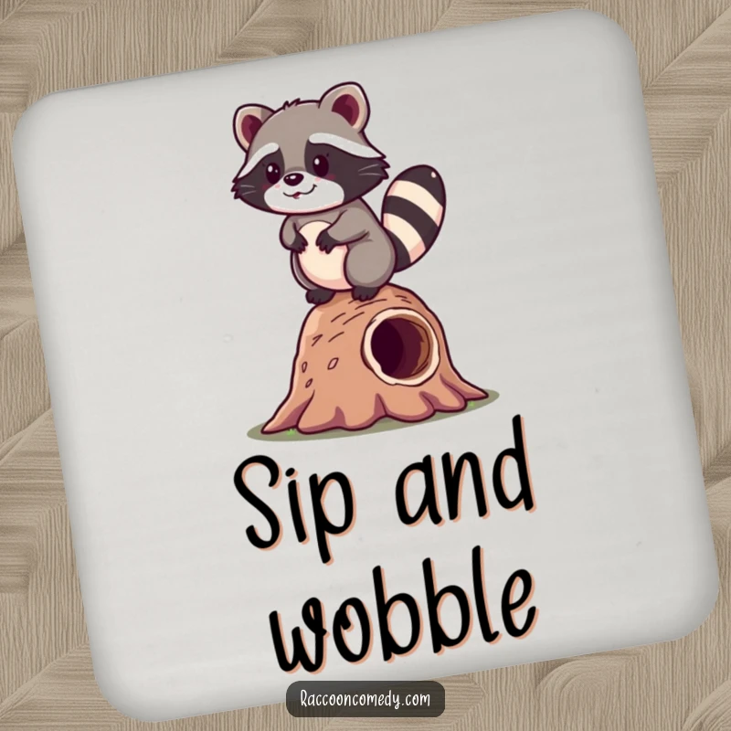 Funny kawaii raccoon happily balancing on a hollow log, humorously depicted on a cute drink coaster.