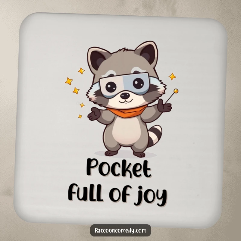 Funny kawaii raccoon as a bandit, humorously juggling coasters on a cute drink coaster, great for table protection.