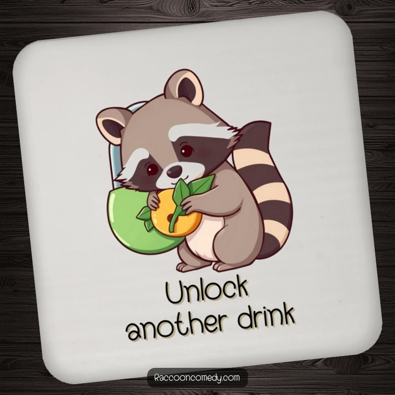Funny kawaii raccoon using a leaf to unlock a lock on a set of drink coasters, adding cute functionality.