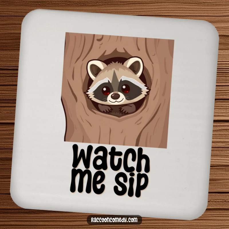 Funny Kawaii Raccoon Coaster: A cute raccoon peeking from a tree hollow, protecting surfaces.