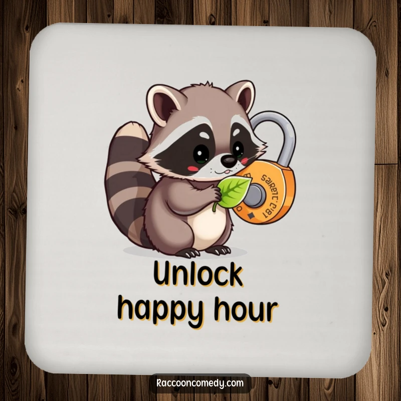 Funny kawaii raccoon using a leaf to unlock a whimsical lock, humorously depicted on a cute drink coaster.