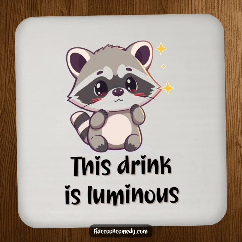 Funny kawaii raccoon looking surprised by a shimmering light on a durable drink coaster, protecting surfaces with magic.