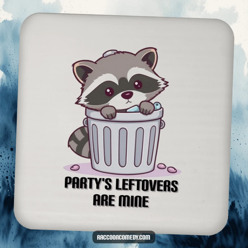 Funny mischievous raccoon trash drink coaster featuring a raccoon peeking from behind a trash can, adding whimsical humor to surface protection.